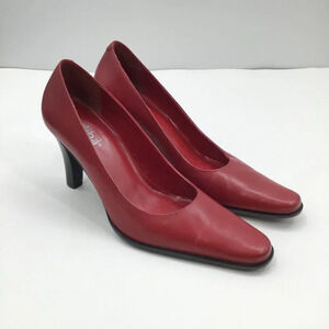 Women's Diba Red Leather Pumps 6.5 Brazilian Stacked 4" Heels Square Toe Classic